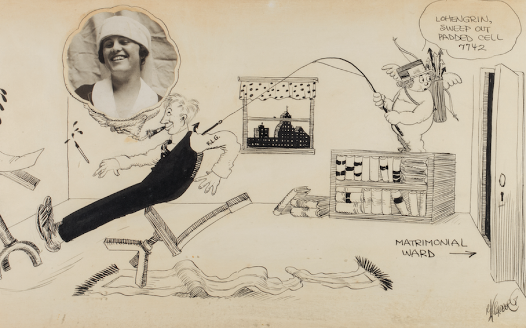 Rube Goldberg’s cartoons were not all of complicated contraptions. Above is a collage he drew on the day of his 1916 wedding for his bride Irma. (Rube Goldberg Inc.)