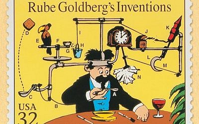 An iconic Rube Goldberg cartoon, featuring one of his signature contraptions (this one, a mustache wiper), was used on a US postal stamp in 1995. (Rube Goldberg Inc./via JTA)