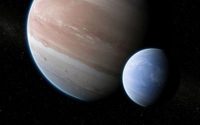 This illustration provided by Dan Durda shows the exoplanet Kepler-1625b with a hypothesized moon. On Thursday, Oct. 4, 2018, two Columbia University researchers reported their results that the potential exomoon would be the size of Neptune or Uranus. The exoplanet, about 8,000 light-years away, is as big as Jupiter. (Dan Durda via AP)
