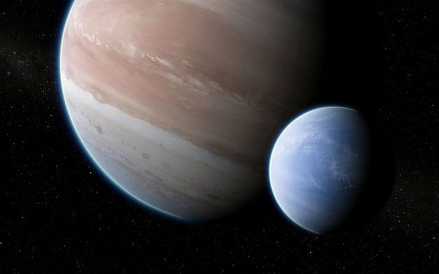 This illustration provided by Dan Durda shows the exoplanet Kepler-1625b with a hypothesized moon. On Thursday, Oct. 4, 2018, two Columbia University researchers reported their results that the potential exomoon would be the size of Neptune or Uranus. The exoplanet, about 8,000 light-years away, is as big as Jupiter. (Dan Durda via AP) This illustration provided by Dan Durda shows the exoplanet Kepler-1625b with a hypothesized moon. On Thursday, Oct. 4, 2018, two Columbia University researchers reported their results that the potential exomoon would be the size of Neptune or Uranus. The exoplanet, about 8,000 light-years away, is as big as Jupiter. (Dan Durda via AP)