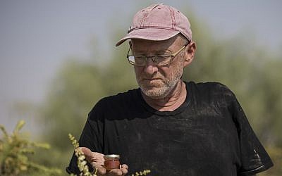 In this September 17, 2018 photo, Guy Erlich holds a jar of frankincense honey at his farm near Almog, an Israeli settlement and kibbutz in the Jordan Valley, in the West Bank. (AP Photo/Tsafrir Abayov)