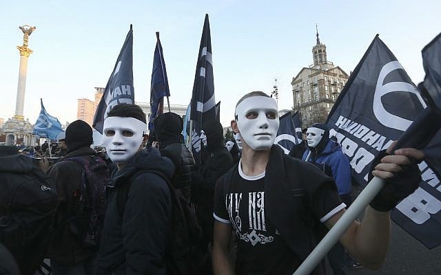 Members of nationalist movements attend a rally marking Defender of Ukraine Day, in Kiev, Ukraine, October 14, 2018. (Efrem Lukatsky/AP)
