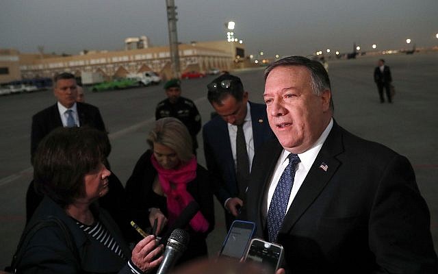 US Secretary of State Mike Pompeo talks to the media before leaving Riyadh, Saudi Arabia, October 17, 2018. (Leah Millis/Pool Photo via AP) US Secretary of State Mike Pompeo talks to the media before leaving Riyadh, Saudi Arabia, October 17, 2018. (Leah Millis/Pool Photo via AP)