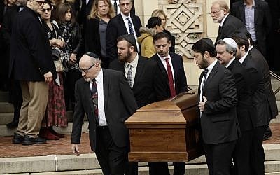 A casket is carried out of Rodef Shalom Congregation after the funeral services for brothers Cecil and David Rosenthal, in Pittsburgh, October 30, 2018. (Matt Rourke/AP) A casket is carried out of Rodef Shalom Congregation after the funeral services for brothers Cecil and David Rosenthal, in Pittsburgh, October 30, 2018. (Matt Rourke/AP)