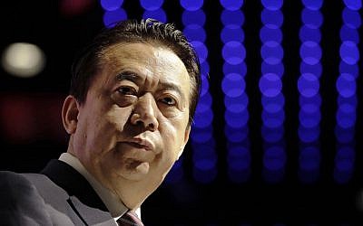 Interpol President Meng Hongwei delivers his opening address at the Interpol World congress on Tuesday, July 4, 2017, in Singapore. (AP Photo/Wong Maye-E)