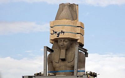 A drone films a giant statue of the pharaoh Ramses II as it is relocated at the Grand Egyptian Museum, in Cairo, Egypt, January 25, 2018. (Amr Nabil/AP)