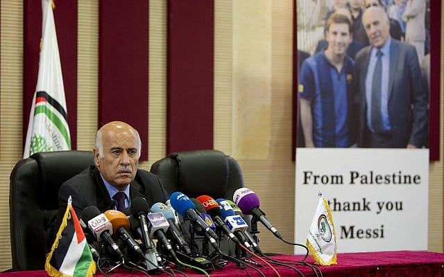 Head of the Palestinian Football Association Jibril Rajoub speaks aduring a press conference over Argentina's national football team's cancellation of a pre-World Cup friendly with Israel in Jerusalem, in the West Bank city of Ramallah on June 6, 2018. (AP Photo/Majdi Mohammed) Head of the Palestinian Football Association Jibril Rajoub speaks aduring a press conference over Argentina's national football team's cancellation of a pre-World Cup friendly with Israel in Jerusalem, in the West Bank city of Ramallah on June 6, 2018. (AP Photo/Majdi Mohammed)