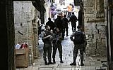 Illustrative: Israeli border police officers stand guard in Jerusalem's old city, Friday, Aug. 17, 2018.  (AP Photo/Mahmoud Illean)