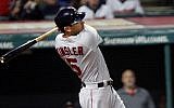 Then-Boston Red Sox's Ian Kinsler bats in the eighth inning of a baseball game against the Cleveland Indians, September 23, 2018, in Cleveland (AP Photo/Tom E. Puskar)
