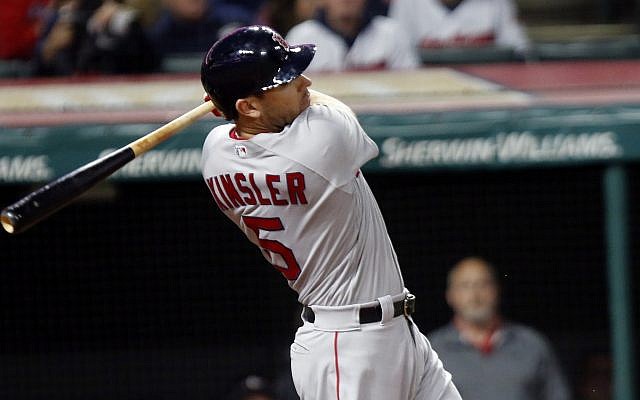 Then-Boston Red Sox's Ian Kinsler bats in the eighth inning of a baseball game against the Cleveland Indians, September 23, 2018, in Cleveland (AP Photo/Tom E. Puskar)