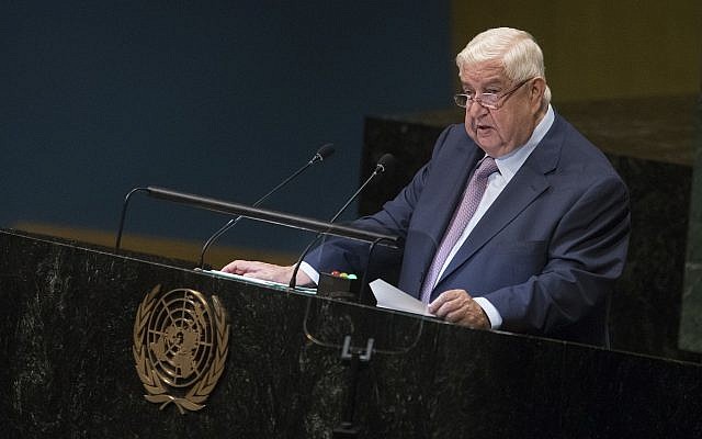Syrian Deputy Prime Minister and Foreign Minister Walid al-Moallem addresses the 73rd session of the United Nations General Assembly, at UN. headquarters, September 29, 2018. (Mary Altaffer/AP) Syrian Deputy Prime Minister and Foreign Minister Walid al-Moallem addresses the 73rd session of the United Nations General Assembly, at UN. headquarters, September 29, 2018. (Mary Altaffer/AP)