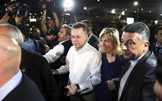 Pastor Andrew Brunson, center left, and his wife Norine Brunson arrive at Adnan Menderes airport for a flight to Germany after his release following his trial in Izmir, Turkey, Oct. 12, 2018 (AP Photo/Emre Tazegul) Pastor Andrew Brunson, center left, and his wife Norine Brunson arrive at Adnan Menderes airport for a flight to Germany after his release following his trial in Izmir, Turkey, Oct. 12, 2018 (AP Photo/Emre Tazegul)