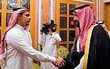 Saudi Crown Prince Mohammed bin Salman (right) shakes hands with Salah Khashoggi, a son of Jamal Khashoggi, in Riyadh, Saudi Arabia, October 23, 2018. (Saudi Press Agency via AP)