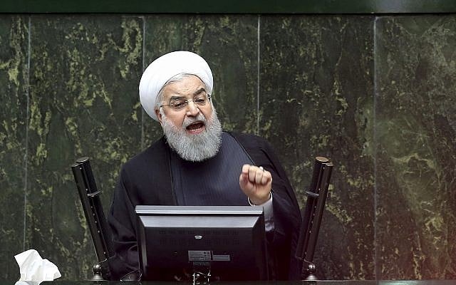 Iranian President Hassan Rouhani speaks during parliament's open session on confidence vote for four new ministers, in Tehran, Iran, October 27, 2018. (Ebrahim Noroozi/AP) Iranian President Hassan Rouhani speaks during parliament's open session on confidence vote for four new ministers, in Tehran, Iran, October 27, 2018. (Ebrahim Noroozi/AP)