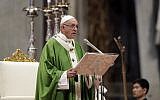 Pope Francis delivers his speech during a Mass for the closing of the synod of bishops in St. Peter's Basilica at the Vatican, Oct. 28, 2018. (AP Photo/Andrew Medichini)