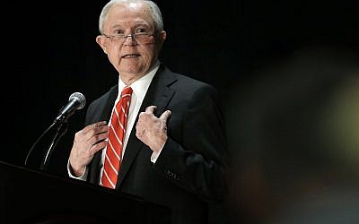 US Attorney General Jeff Sessions speaks at a luncheon event organized by the Boston Lawyers Chapter of the Federalist Society, October 29, 2018, at a hotel in Boston. (AP Photo/Steven Senne)