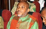 In this Friday, Jan. 29, 2016 file photo, Biafran separatist leader Nnamdi Kanu attends a court hearing at the Federal High court in Abuja, Nigeria. (AP Photo/ File)