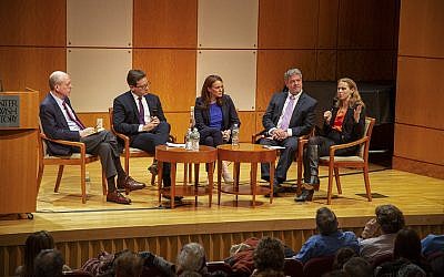 From left to right:  Clyde Haberman, veteran New York Times reporter; Julian Zelizer, Princeton University Professor of History & Public Affairs and CNN Political Analyst; Halie Soifer, Executive Director, Jewish Democratic Council of America; Jeff Jacoby, opinion columnist for The Boston Globe; Rabbi Jill Jacobs, Executive Director, T’ruah: The Rabbinic Call for Human Rights. (Cathryn J. Prince/ Times of Israel)