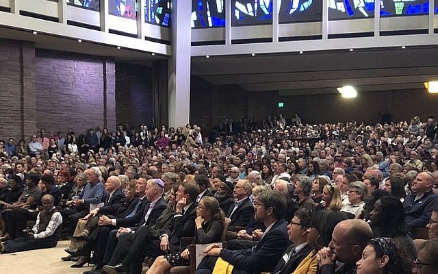 A vigil for the victims of the Pittsburgh synagogue shooting held at Temple Emanuel in Denver, US, October 28, 2018. (Office of Gov. John Hickenlooper via JTA) A vigil for the victims of the Pittsburgh synagogue shooting held at Temple Emanuel in Denver, US, October 28, 2018. (Office of Gov. John Hickenlooper via JTA)