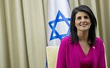 Then-US Ambassador to the United Nations Nikki Haley meets with President Reuven Rivlin, not seen, at his official residence in Jerusalem on June 7, 2017. (Yonatan Sindel/Flash90)