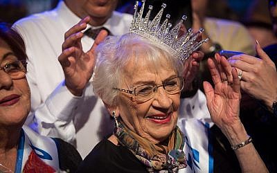Tova Ringer, a 93-year-old Holocaust survivor, wins the "Miss Holocaust Survivor" beauty pageant in the northern Israeli city of Haifa, on October 14, 2018. (Hadas Parush/Flash90)