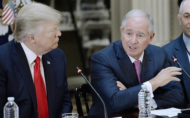 Blackstone CEO Stephen Schwarzman (R) speaks as US President Donald Trump looks on during a strategic and policy discussion with business executives at the State Department Library in the Eisenhower Executive Office Building in Washington, DC, April 11, 2017. (Olivier Douliery/Pool/Getty Images) Blackstone CEO Stephen Schwarzman (R) speaks as US President Donald Trump looks on during a strategic and policy discussion with business executives at the State Department Library in the Eisenhower Executive Office Building in Washington, DC, April 11, 2017. (Olivier Douliery/Pool/Getty Images)