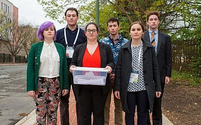 At J Street's 2017 national conference, a group including Matan Arad-Neeman marched to the Israeli Embassy to drop off letters from hundreds of students calling for Israel to cancel the demolitions of Susya and Khan al-Ahmar. (Courtesy)