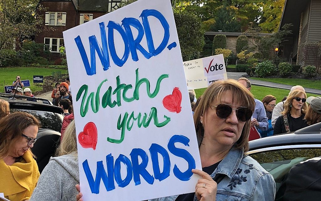 At the October 30, 2018, anti-Trump march, 'Pittsburgh Loves All Our Neighbors.' (Amanda Borschel-Dan/Times of Israel)