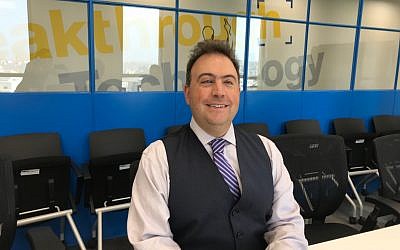 Mark Riccobono, president of the US National Federation of the Blind (NFB) in OrCam's offices in Jerusalem on Oct. 3, 2018 (Shoshanna Solomon/Times of Israel)