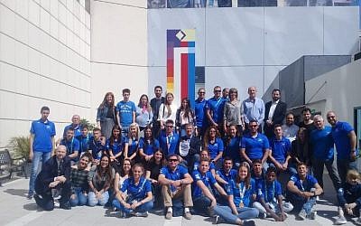 Israel’s Youth Olympic team visits the rebuilt headquarters of the AMIA Jeiwsh center in Buenos Aires on October 19, 2018. (Courtesy/Israeli embassy Buenos Aires)