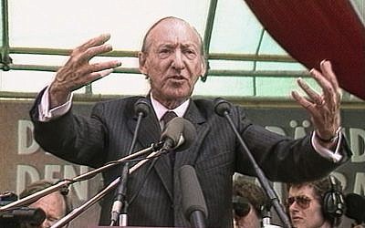 Kurt Waldheim in a still from Ruth Beckermann’s film “The Waldheim Waltz.” (Courtesy of Ruth Beckermann via JTA)