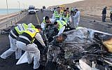 Emergency workers from ZAKA at the scene of a deadly head-on collision on Route 90 near the Dead Sea on October 30, 2018. (ZAKA)