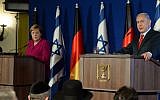 German Chancellor Angela Merkel, left, and Prime Minister Benjamin Netanyahu during a joint press conference at the King David Hotel in Jerusalem, October 4, 2018. (Haim Zach/Government Press Office)