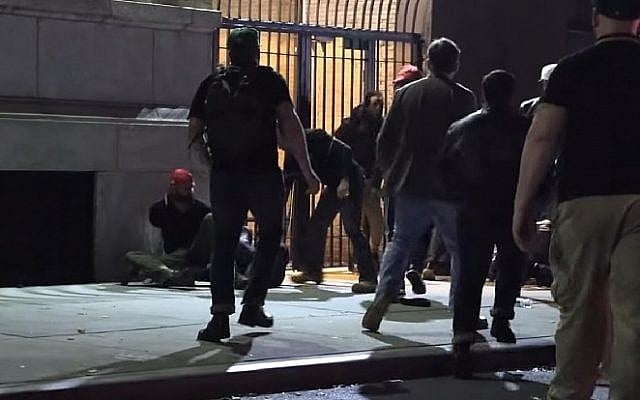 Screen capture from video of a street brawl allegedly involving members of the Proud Boys right-wing club, on a street in Manhattan, New York, October 12, 2018. (YouTube) Screen capture from video of a street brawl allegedly involving members of the Proud Boys right-wing club, on a street in Manhattan, New York, October 12, 2018. (YouTube)