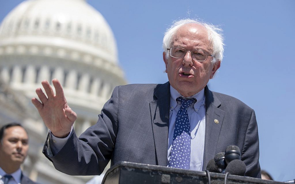 Sen. Bernie Sanders speaks at a Capitol news conference regarding the separation of immigrant children, July 10, 2018. (Alex Edelman/Getty Images via JTA)