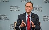Rep. Adam Schiff, D-California, speaks at the Council on Foreign Relations with Andrea Mitchell of NBC News in Washington, DC, February 16, 2018. (Tasos Katopodis/Getty Images/via JTA)