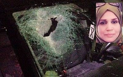 A car belonging to a Palestinian couple is seen after it was involved in a deadly crash reportedly due to stone-throwing by Israeli settlers at the Tapuah Junction in the northern West Bank on October 12, 2018. (Zachariah Sadeh/Rabbis for Human Rights); Aisha Muhammad Talal Rabi (Courtesy)
