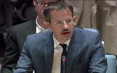 B’Tselem Executive Director Hagai El-Ad speaks to the UN Security Council on October 18 (Hadashot TV screenshot)