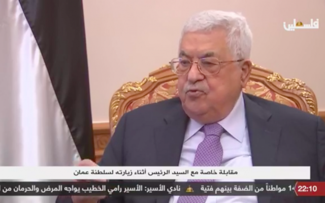 Palestinian Authority President Mahmoud Abbas speaks to Palestine TV, the official PA television station. (Screenshot: Facebook) Palestinian Authority President Mahmoud Abbas speaks to Palestine TV, the official PA television station. (Screenshot: Facebook)