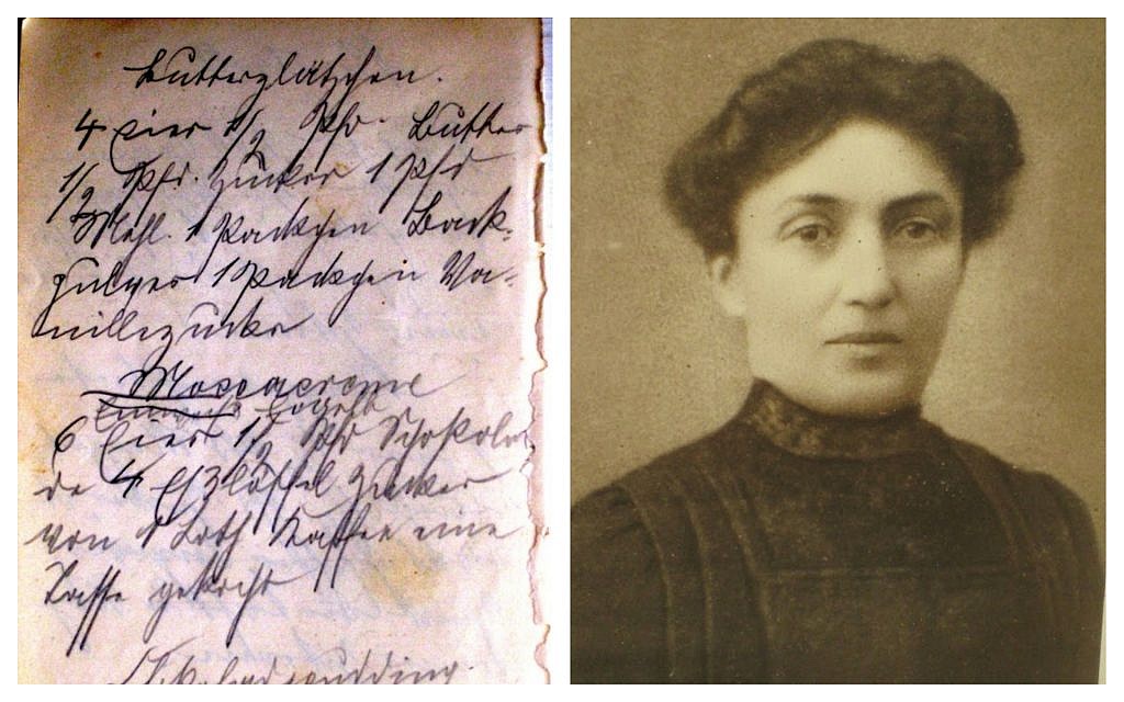 Betti Rosenbaum Bachenheimer, namesake of the author's mother and original writer of the recipe book; one of the original recipes, handwritten in ancient German script. (Courtesy)