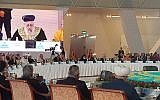 Israel's Chief Rabbi Yitzhak Yosef speaking at the Congress of Leaders of World and Traditional Religions in Astana, Kazakhstan on October 10, 2018. (Chief Rabbinate of Israel)