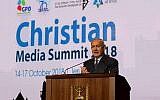 Prime Minister Benjamin Netanyahu addresses the Christian Media Summit in Jerusalem, October 14, 2018. (Haim Tzach/GPO)