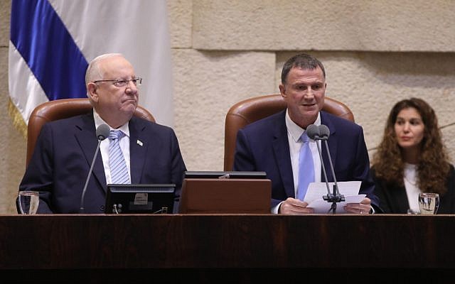 President Reuven Rivlin (L) and Knesset speaker Yuli Edelstein at the opening of the Knesset winter sitting, October 15, 2018. (Knesset) President Reuven Rivlin (L) and Knesset speaker Yuli Edelstein at the opening of the Knesset winter sitting, October 15, 2018. (Knesset)