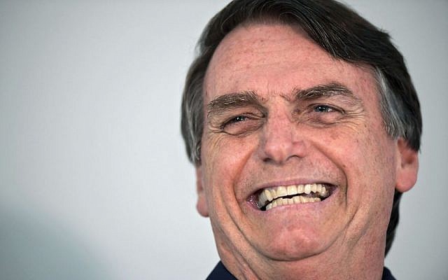 Brazil's Jair Bolsonaro in Rio de Janeiro, October 25, 2018. (Carl De Souza/AFP/Getty Images via JTA) Brazil's Jair Bolsonaro in Rio de Janeiro, October 25, 2018. (Carl De Souza/AFP/Getty Images via JTA)