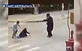 A still image from surveillance video showing the brutal assault on an ultra-Orthodox Jewish man in Brooklyn, New York on October 14, 2018. (screen capture: CBS New York)