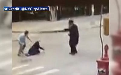 A still image from surveillance video showing the brutal assault on an ultra-Orthodox Jewish man in Brooklyn, New York on October 14, 2018. (screen capture: CBS New York)