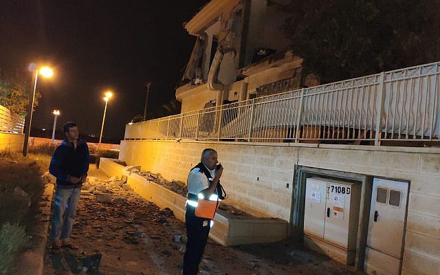 The results of a rocket strike on a home in the southern Israeli city of Beersheba on October 17, 2018. (Magen David Adom) The results of a rocket strike on a home in the southern Israeli city of Beersheba on October 17, 2018. (Magen David Adom)