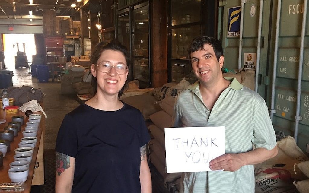 A.J. Jacobs, right, at the roastery where they roast his local coffee: the Joe Coffee Company in Brooklyn, New York. He is pictured with the plant’s roaster and taster. (Courtesy of Jacobs/via JTA) A.J. Jacobs, right, at the roastery where they roast his local coffee: the Joe Coffee Company in Brooklyn, New York. He is pictured with the plant’s roaster and taster. (Courtesy of Jacobs/via JTA)