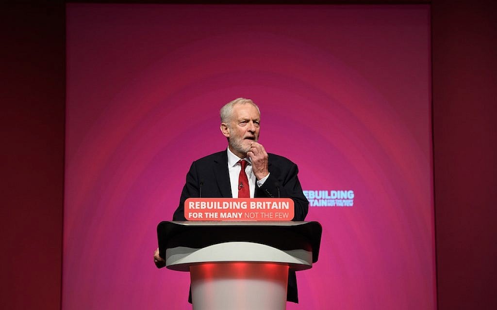 Labour Party leader Jeremy Corbyn addresses delegates at the Labour Party conference in Liverpool, England, September 26, 2018. (Leon Neal/Getty Images/via JTA) Labour Party leader Jeremy Corbyn addresses delegates at the Labour Party conference in Liverpool, England, September 26, 2018. (Leon Neal/Getty Images/via JTA)