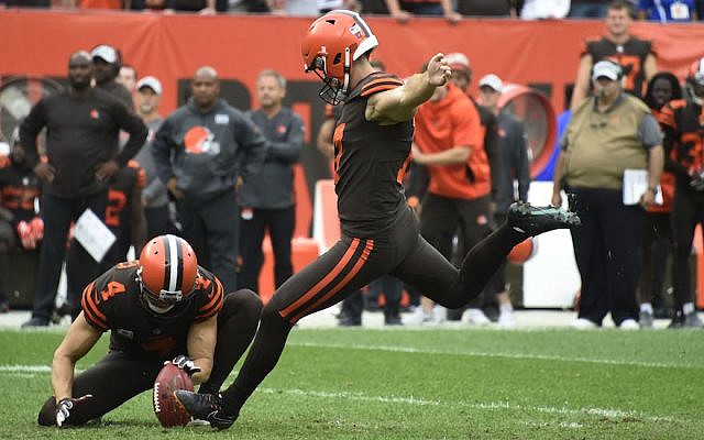 Greg Joseph #17 of the Cleveland Browns kicks the game winning field goal in overtime against the Baltimore Ravens at FirstEnergy Stadium on October 7, 2018 in Cleveland, Ohio. The Browns won 12 to 9. (Photo by Jason Miller/Getty Images via JTA) Greg Joseph #17 of the Cleveland Browns kicks the game winning field goal in overtime against the Baltimore Ravens at FirstEnergy Stadium on October 7, 2018 in Cleveland, Ohio. The Browns won 12 to 9. (Photo by Jason Miller/Getty Images via JTA)